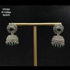 Oxidized 925 sterling silver green stone jhumka earrings